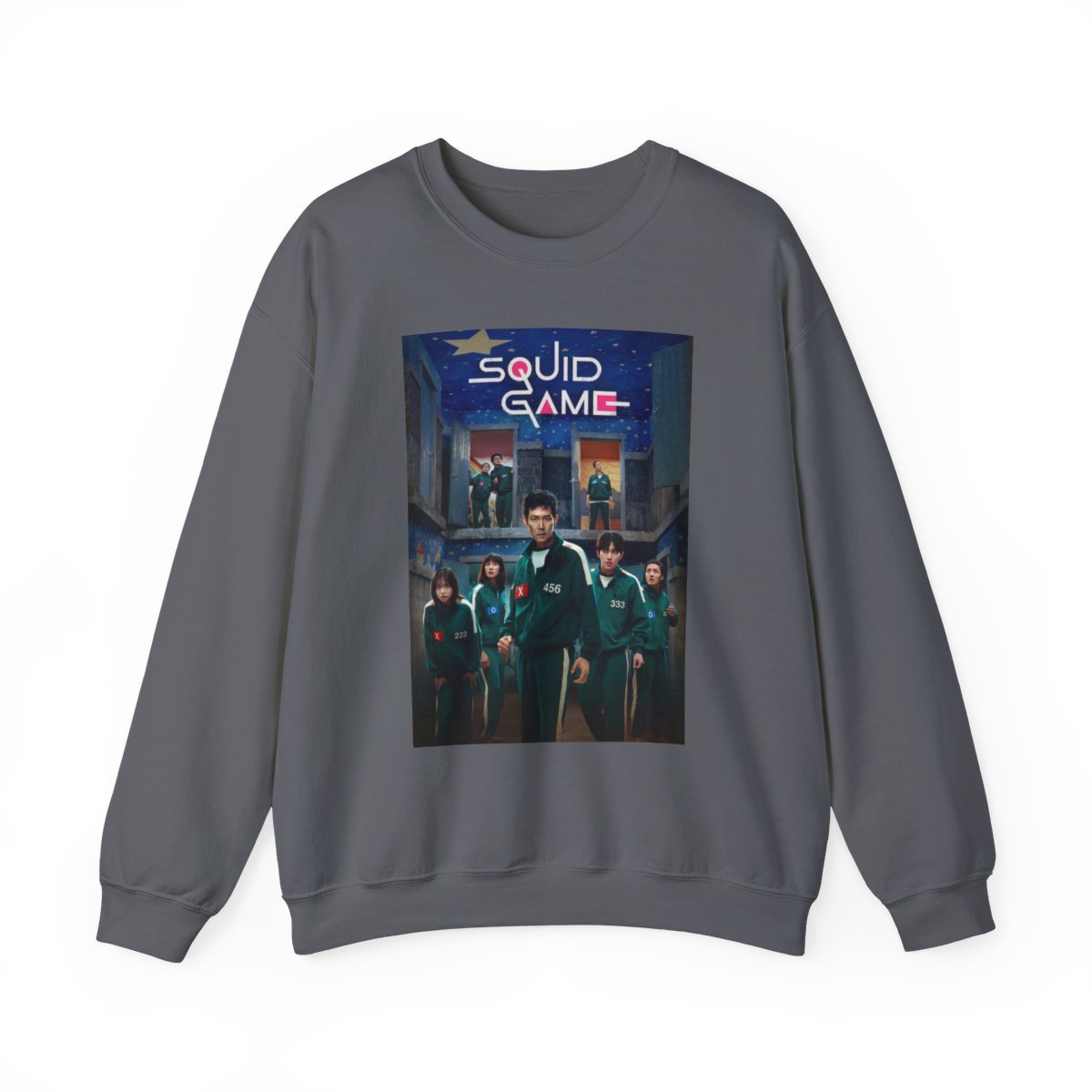 Squid Game Characters Crewneck Sweatshirt | TV Series Arcade Poster Style  | Squid Game Merch - alternate angle 2, merchandise